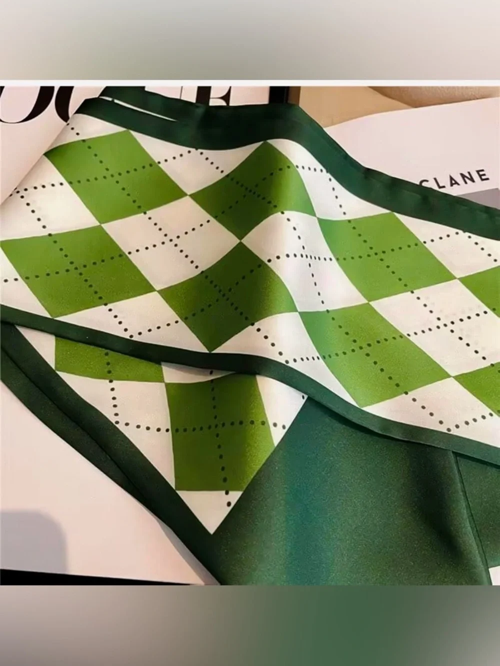 Green Diamond Pattern Silky Satin Scarf – Multi-Use Hair, Neck & Bag Accessory